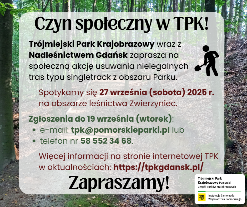 plakat Plakat informacyjny na tle leśnej ścieżki zapraszający do udziału w czynie społecznym w TPK.