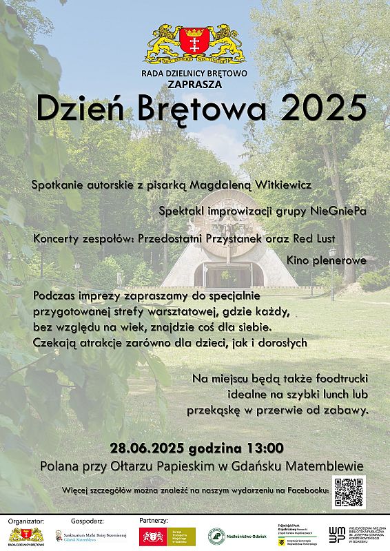 Plakat promujący wydarzenie "Dzień Brętowa 2025" organizowany przez Radę Dzielnicy Brętowo. Tło przedstawia parkową aleję w słoneczny dzień. U góry znajduje się herb Gdańska z dwoma lwami oraz napis: "RADA DZIELNICY BRĘTOWO